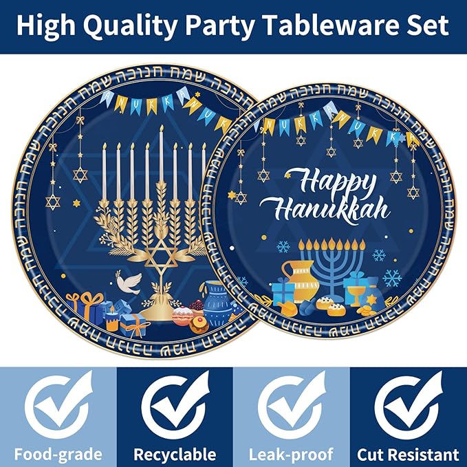96PCS Happy Hanukkah Plates and Napkins - Hanukkah Decorations Chanukah Party Supplies Jewish Chanukah Disposable Tableware Set Serve 24 Guests