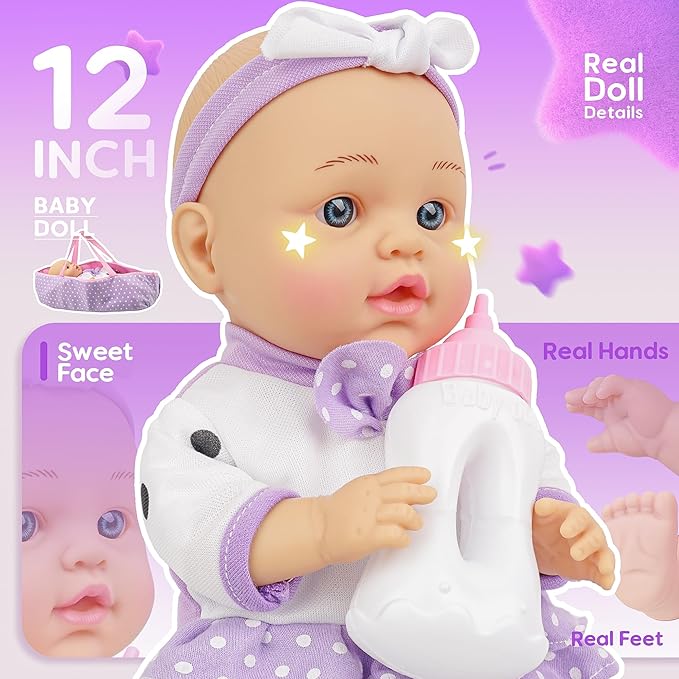 SMILESSKIDDO Baby Doll with Accessories, 12" Dolls Playset with Washable Carrier Bassinet Bed, Bottle, Blanket, and Pillow, Soft Body Baby Dolls for 2+ Year Old Girls