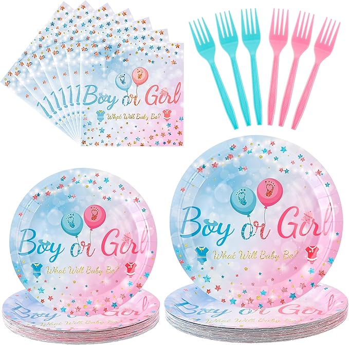 CANREVEL 96 PCS Gender Reveal Plates Set, Serve 24, Disposable Tableware for Gender Reveal Decorations, Boys Girls Kids