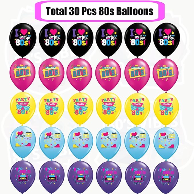 80s Party Decorations - 30 pack Back to the 80s Balloons for 1980s Theme Party Supplies | Retro Boombox Skate Balloons for 1980s Party Decorations Hip Hop Neon Party Decor