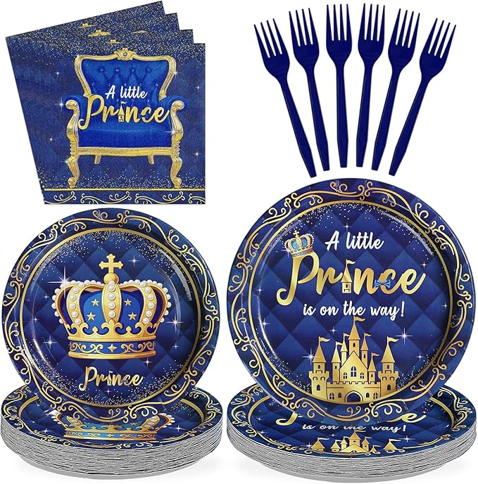96Pcs Royal Prince Baby Shower Decorations A Little Prince is On His Way Plates and Napkins Blue Gold Little Prince Tableware Set for Kid Boy Baby Shower Birthday Party Supplies Serves 24