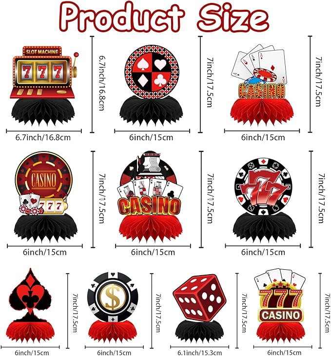 10 Pieces Casino Theme Party Decorations, Casino Night Decorations Poker Party Decorations for Table Casino Birthday Decorations Casino Table Honeycomb Centerpieces