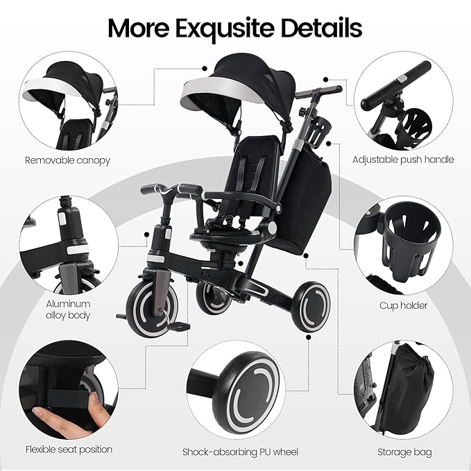 Aneco 9-in-1 Multi-functional Baby Tricycle for Toddlers 10 Months-3 Years with Removable Canopy Rotatable Seat Safety Harness Wheel Brake Adjustable Push Handle Storage Bag Cup Holder, Black and Gray