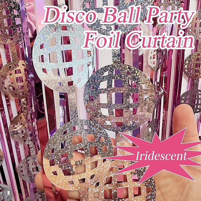 4 Pcs Disco Party Decorations - 2 x Disco Ball Silver Metallic Tinsel Fringe Curtains & 2 x Candy Pink Backdrops for Birthday Supplies Last Rodeo Bachelorette Wedding Disco Decor