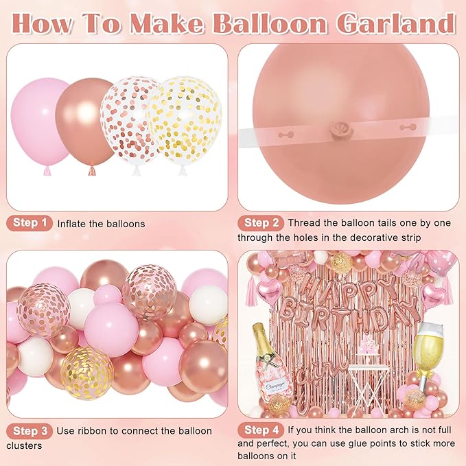 Ouddy Life Rose Gold Birthday Decorations for Women Girls, Happy Birthday Champagne Bottle Crown Heart Bow Foil Confetti Balloons Fringe Curtains Paper Tassel for 16th 18th 21st 24th Birthday Decor