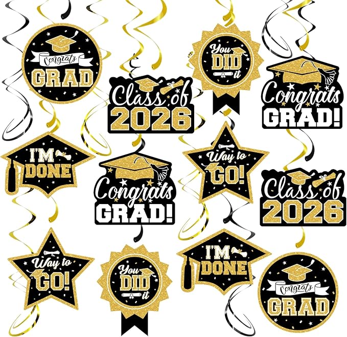2026 Graduation Party Decorations - 30 Pcs Black Gold Class of 2026 Congrats Grad Hanging Swirl Ceiling Decor for Home School Classroom Graduation Party Supplies