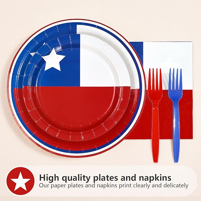 96Pcs Chile Flag Party Supplies Chilean Flag Plates and Napkins National Country Decoration Chile Themed Tableware Set for Chilean Patriotic Country Festival Party Supplies，Serves 24