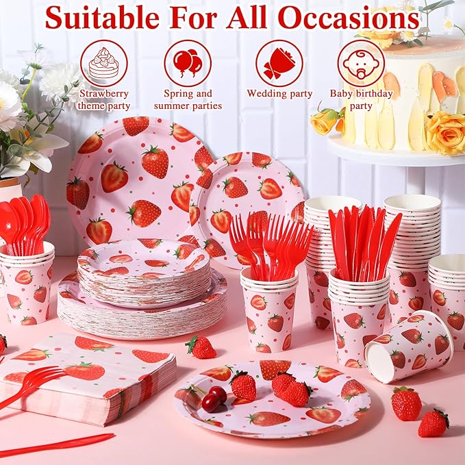 350 Pcs Strawberry Party Supplies Tableware Set Disposable 9'' 7'' Paper Plates 9 oz Cups Cutlery Napkins Dinnerware Set for 1st Berry First Birthday, Serve 50 (Strawberry, Red, Pink)
