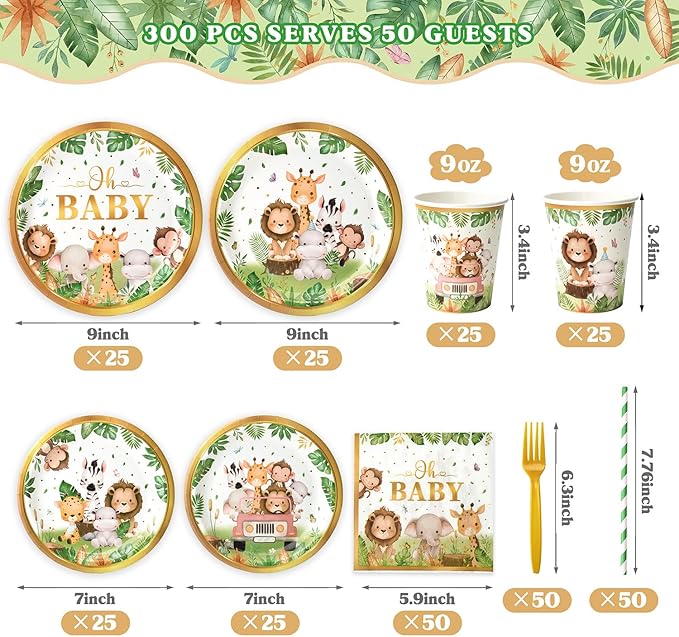 300 Pcs Safari Baby Shower Plates and Napkins (Serves 50 Guests), Plates Napkins Cups Straws and Forks Sets, Party Supplies, Jungle Safari Baby Shower Decorations