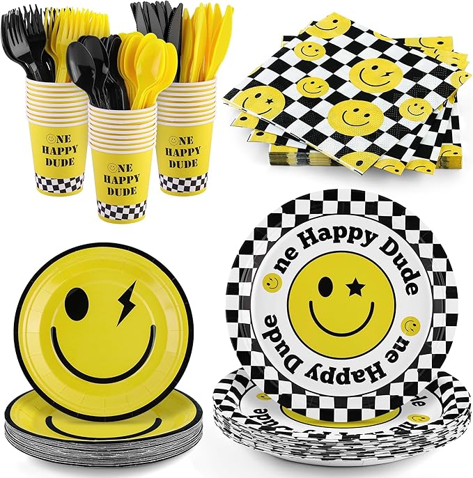 durony 196 Pieces One Happy Dude Birthday Party Decorations First Birthday Smile Face Party Tableware Set Smiley Plates Cups Napkins Forks for One Happy Dude Party, 1st Party, Serve 28 Guest