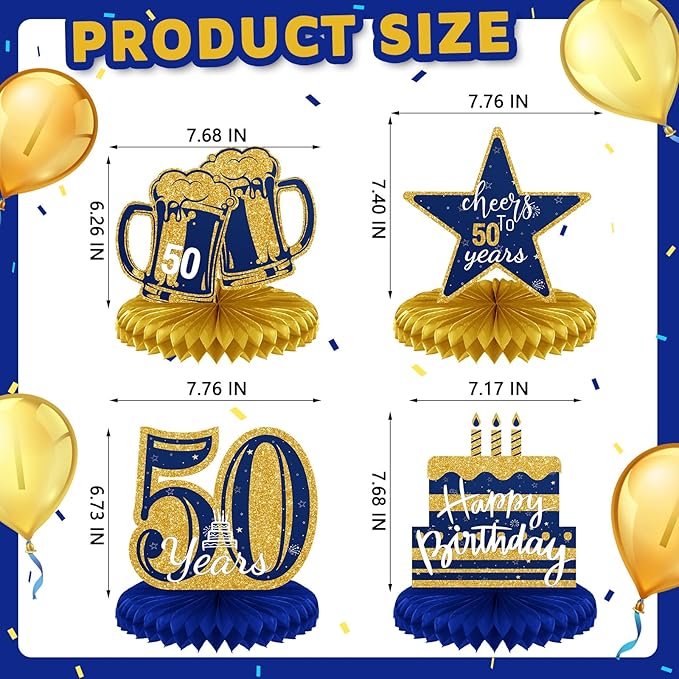 Spakon 8 Pieces Blue Gold 50th Birthday Table Decorations 50th Birthday Honeycomb Centerpieces Glitter Table Toppers Blue and Gold Party Decorations for Men and Women Party Supplies