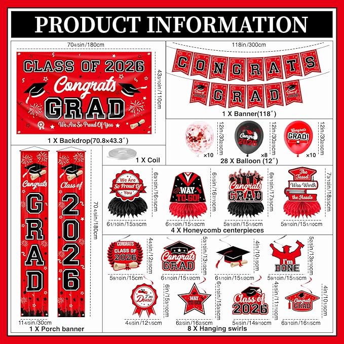 Graduation Decorations Class of 2026 Red and Black Party Decor Set include Congrats Grad Banner Graduation Backdrop Class of 2026 Balloons Party Supplies