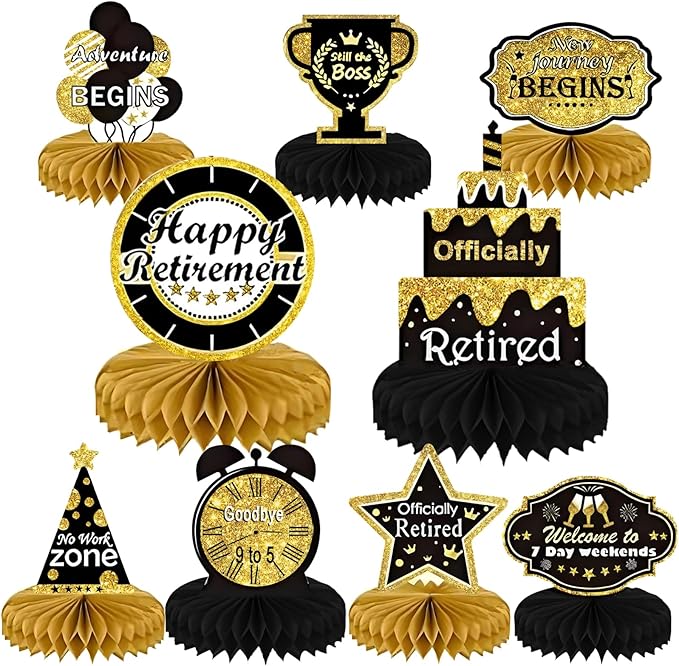 9PCS Retirement Party Decorations, KSKSPE Retirement Centerpieces for Table,Black and Gold Retirement Table Decorations, Retirement Decor for Retirement Party Retirement Party Supplies Men and Women