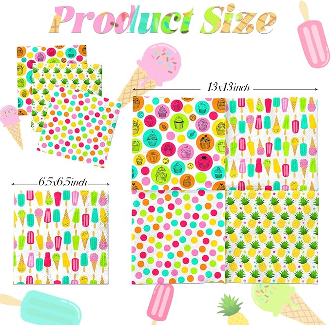 Summer Napkins,40Pcs Ice Cream Napkin Summer Birthday Party Decorations Tropical Fruit Party Napkins Hawaiian Baby Shower Decorations for Beach Pool