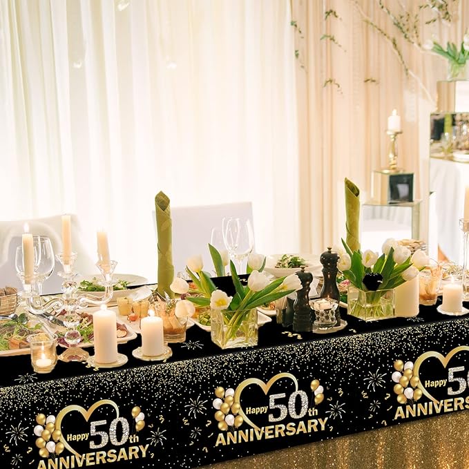 3pcs Happy 50th Anniversary Tablecloths Black Gold Table Covers 50th Wedding Anniversary Party Supplies for Parents Cheer to 50 Years Party Decorations and Plastic Disposable Favors,108*54 inch