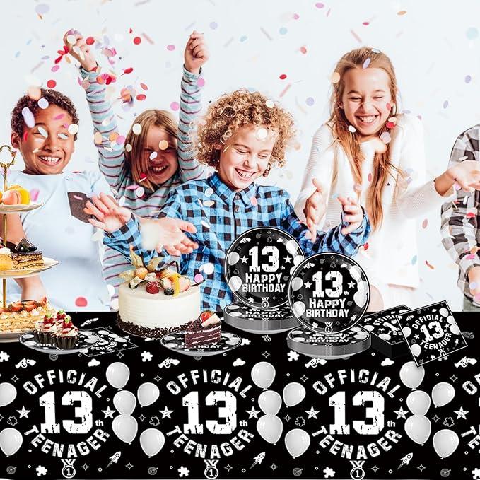 41pcs 13th Party Supplies - 20 Dessert Plates, 20 Napkins, 1 Tablecloth for Black Silver Birthday Party Decoration