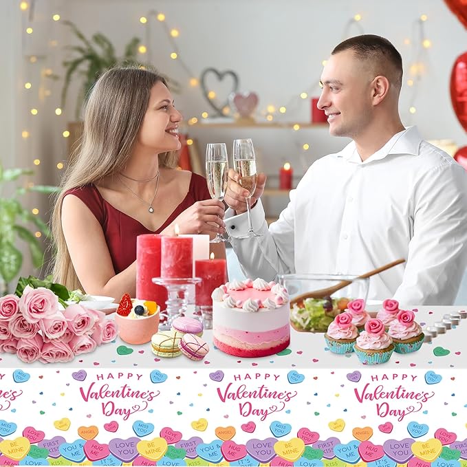 2 Pack Happy Valentines Day Tablecloth - Valentine's Day Tablecloths Plastic, Disposable Rectangle Colorful Love Heart Valentine Table Cloth Cover for Wedding Anniversary Party Decoration,54x108 Inch