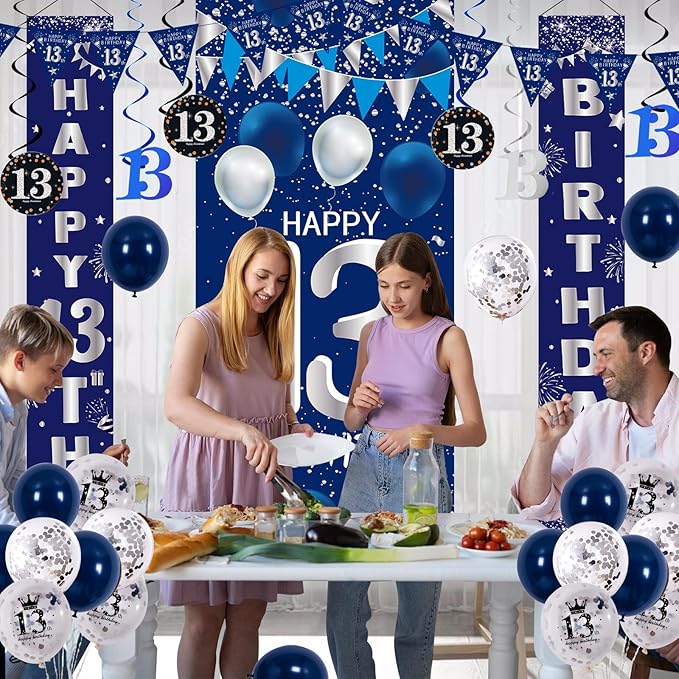 13th Birthday Decorations for Boys Girls, Navy Blue Happy 13th Birthday Door Banner Sign, 13 Years Old Party Supplies Teenagers Bday Backdrop Balloons Hanging Decors