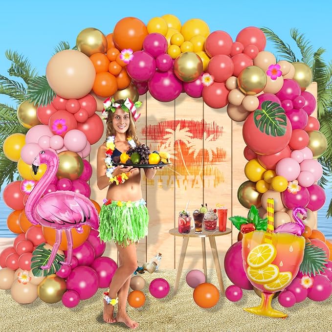 Ouddy Life 178Pcs Tropical Balloons Arch Garland Kit, Luau Tropical Party Decorations with Aloha Pineapple Coconut Hot Pink Aqua Blue Balloons & Palm Leaves for Hawaiian Summer Birthday Supplies