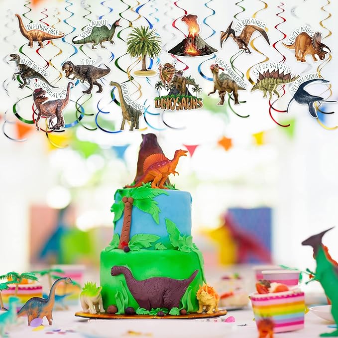 Faccito 57 Pcs Dinosaur Hanging Swirls Birthday Party Decorations Jungle Theme Party Supplies Dinosaur Foil Swirls Ceiling Spiral Streamers for Girl Boy Baby Shower, Only 27 Cards