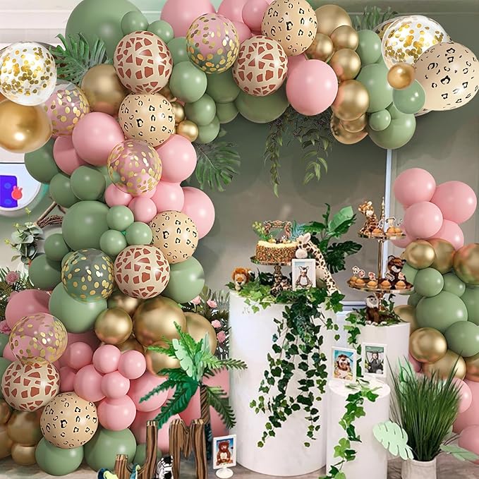 Amandir 170Pcs Jungle Safari Balloons Garland Arch Kit Animal Printed Pink Sage Green Balloons Wild One Giraffe Leopard Safari Baby Shower Decorations for Girl Birthday Party Supplies
