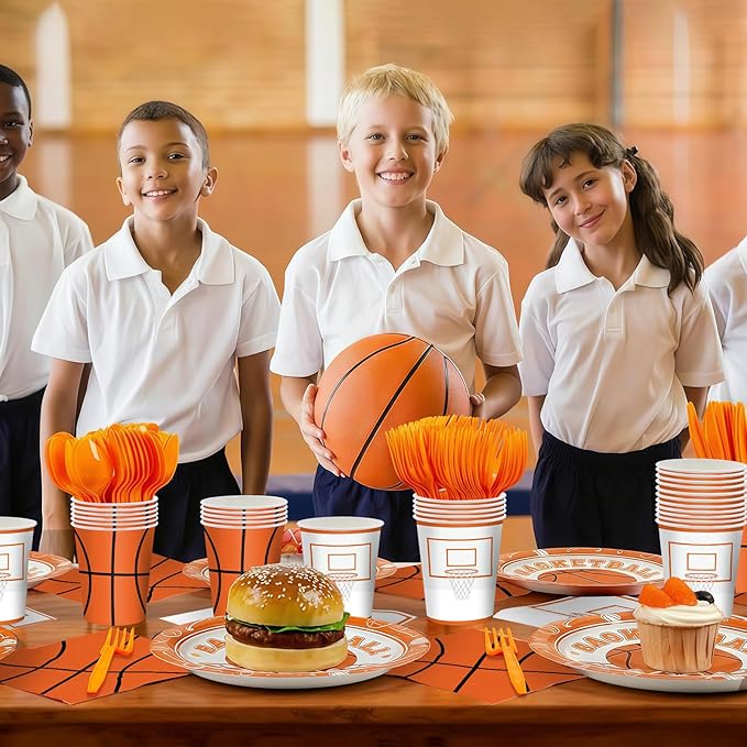 168PCS Basketball Party Supplies for Teenagers Sports Themed Birthday Party Decorations Basketball Team Paper Plates Napkin Cups Forks Knives Tableware for 24 Guests