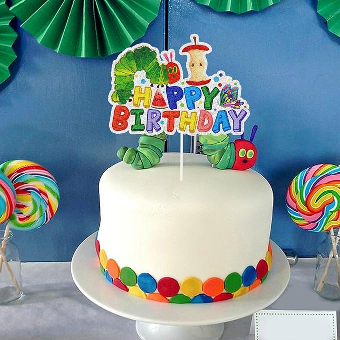 Green Caterpillar Happy Birthday Cake Topper,Reading Story Theme Birthday Cake Decor,Children's Fairy Tale Party or 1st 2nd 3rd Birthday Party Decorations