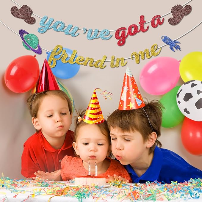 Glitter You've Got A Friend in Me Banner Cartoon Story Friend Birthday Banner Friendship Anniversary Party Decorations Toy Inspired Game Party Supplies Classroom Decorations