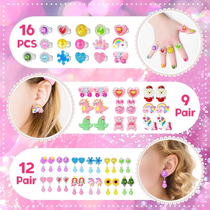 Kids Play Jewelry Sets, Princess Toys for Girls 4-6, 29 Pcs Little Girl Costume Jewelry, Unicorn Necklaces, Bracelets, Rings, Earrings, Dress Up Birthday Easter Gifts for Kids Pretend Play Party Favor