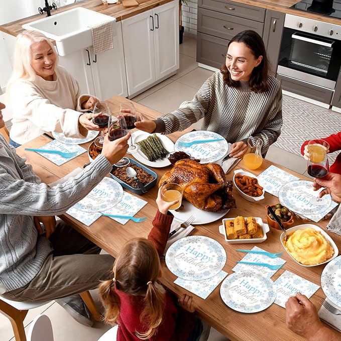 96PCS Winter Birthday Party Decorations Snowflake Paper Plates and Napkins Winter Wonderland Baby Shower Decoration Silver Blue White Christmas Party Supplies Disposable Snow Flakes Tableware Serve 24