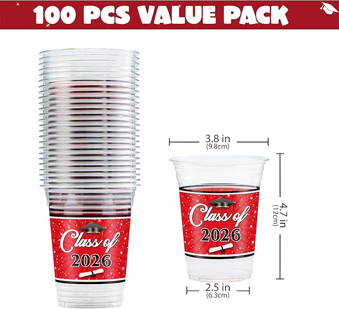 JOYIN 100 Pcs 16oz Graduation Party Plastic Cups (Red), Grad Disposable Cups for Class of 2026 Graduates, PET Cup Tableware Bulk for 2026 High School College Graduation Grad School Party Supply Decor