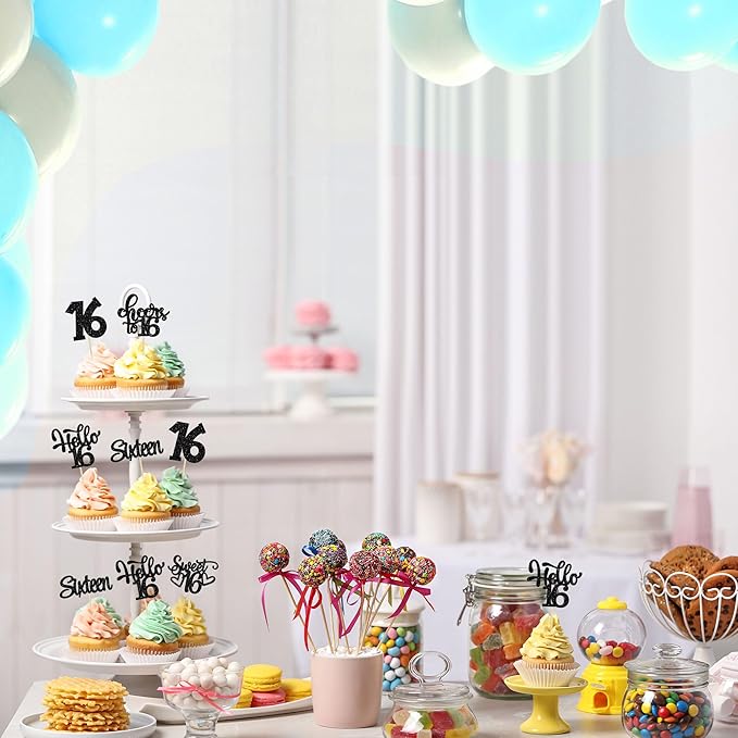 30Pcs 16th Birthday Cupcake Toppers Sixteen Happy 16th Cupcake Picks Sweet 16 Cake Decorations for Birthday Anniversary Party Supplies Black Glitter