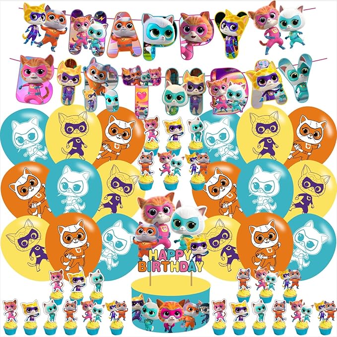 Super Kitties Party Decorations,Cute Cartoon Cats Birthday Party Supplies For Party Supplies Includes Banner - Cake Topper - 24 Cupcake Toppers - 18 Balloons