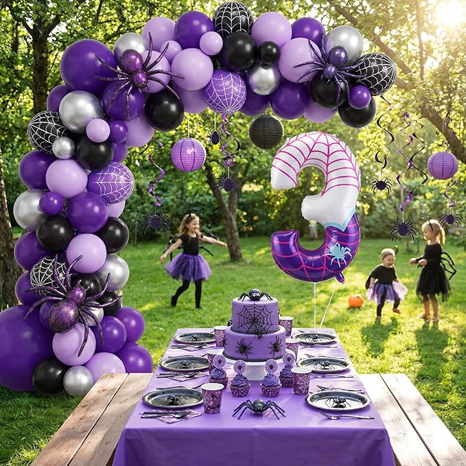 Spider Number 3 Balloons 40 Inch Purple Spider Theme Birthday Party Decorations Large Foil Balloons for 3th Birthday Party Backdrop Anniversary Celebration Supplies