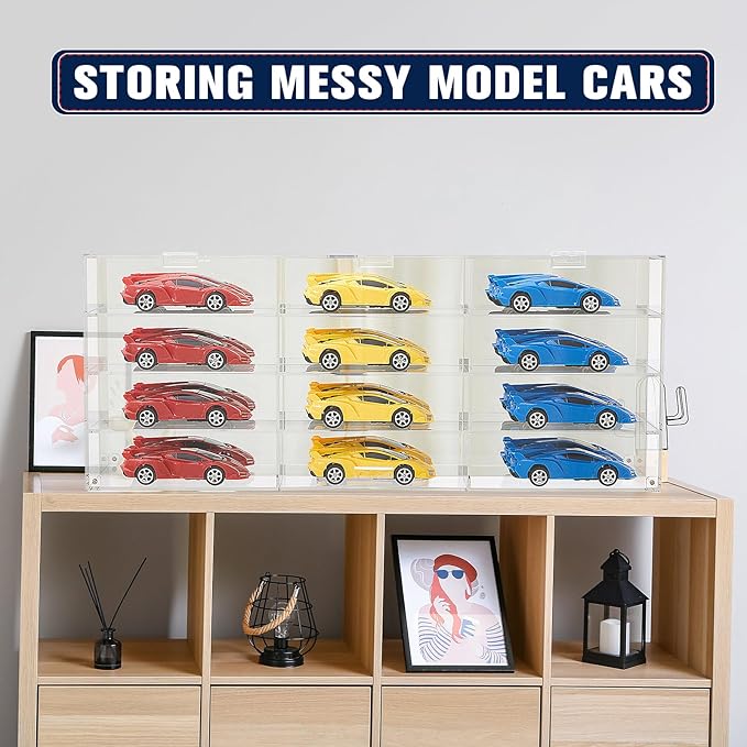 Juexica Clear Acrylic Toy Car Display Case 1: 24 Scale Diecast Display Box Wall Mounted Shelf for Storage Toy Car Mini Model Race(12 Grids)