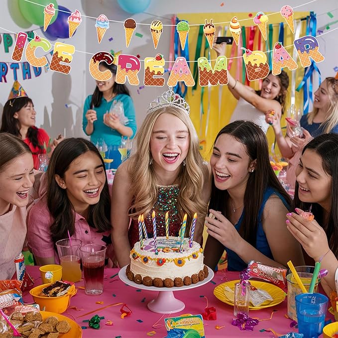 Ice Cream Bar Banner with Ice Cream Cone Garland, Summer Sweet Shop Themed Birthday Decorations, Colorful Garland Photo Prop for Kids Party, Dessert Table, and Theme Party Supplies