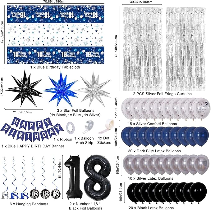 18th Birthday Decorations for Boys Men Girls Dark Blue, HAPPY BIRTHDAY Banner Black Number 18 Balloons Tablecloth Foil Backdrop Star Balloons Garland Arch Kit-18 Years Old Birthday Party Supplies