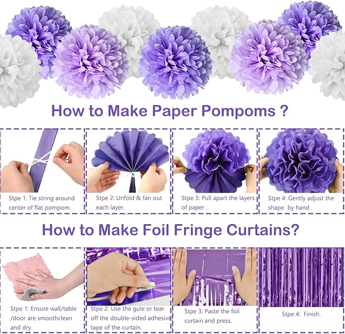 Purple Birthday Decorations, Happy Birthday Party Decorations with Happy Birthday Banner Butterfly Purple Balloons Pom Poms Foil Fringe Curtain for Party Birthday Decor