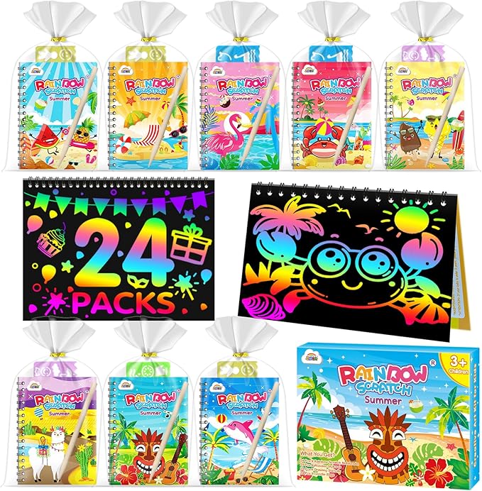 ZMLM 24 Pack Scratch Art Party Favors: Birthday Party Favors for Kids 4-8, Bulk Rainbow Scratch Notebook Paper Pads, Goodie Bags Stuffers Girls Boys Classroom Gifts Crafts Toys(Summer)