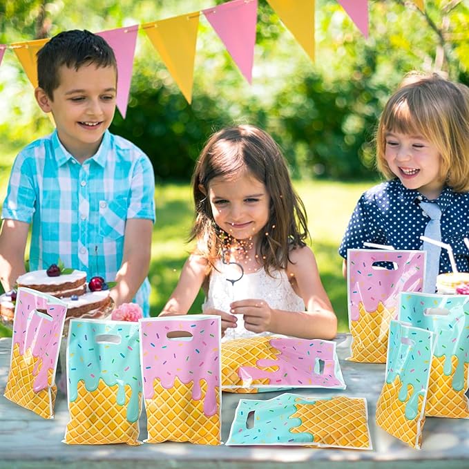 Ice Cream Party Favor Bags - 50Pcs Plastic Sweet Candy Goodie Treat Gift Bag with Handles Cute Summer Ice Cream Theme Birthday Party Supplies Baby Shower Wedding Decor