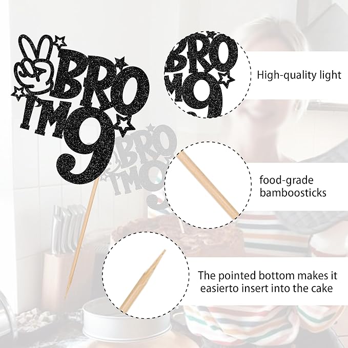 1 PCS Brother I'm 9 Cake Topper Glitter Star Happy 9th Birthday Cake Pick Bro I'm 9 Cake Decoration It's My 9th Birthday Decorations for Boys Cheers to 9 Years Old Birthday Party Supplies Black
