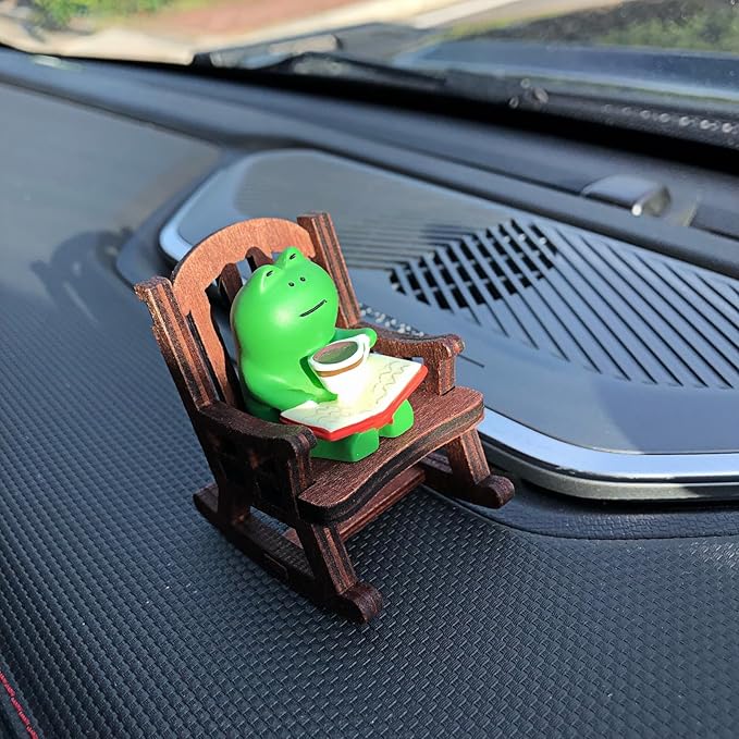 Cute Coffee Frogs on Rocking Chair Statues Collectibles Figurines Ornaments for Car Dashboard Decorations Accessories Interior Dash Board Charms Birthday Cake Toppers Decoration Decor