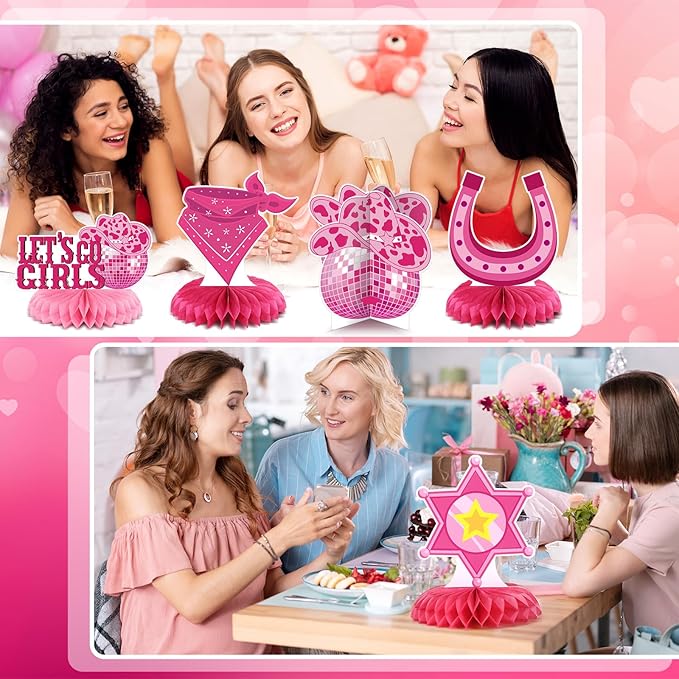 12 Pcs Western Cowgirl birthday Party Decorations Honeycomb Centerpieces Western Let's Go Girls Table Decoration Pink Disco Cowgirl Table Topper for Bachelorette Party Favors Supplies