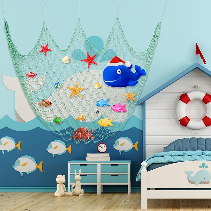 Shappy 2 Pcs Fish Net Decorative 80 x 40 Inch, Wall Hanging Fishnet for Mermaid, Pirate, Nautical, Under the Sea Party Decoration Ocean Themed Hawaii Beach Birthday Halloween Party Supplies(Aqua)