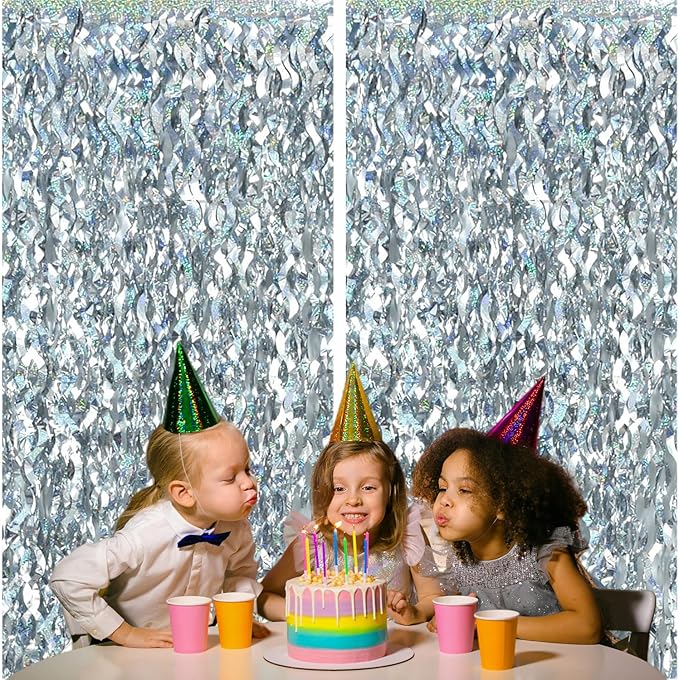 2 Pack Silver Wavy Foil Fringe Curtains, 3.3x6.6 Ft Metallic Tinsel Wavy Backdrop Party Decorations Door Silver Streamers for Birthday Wedding Engagement Decor,Party Supplies