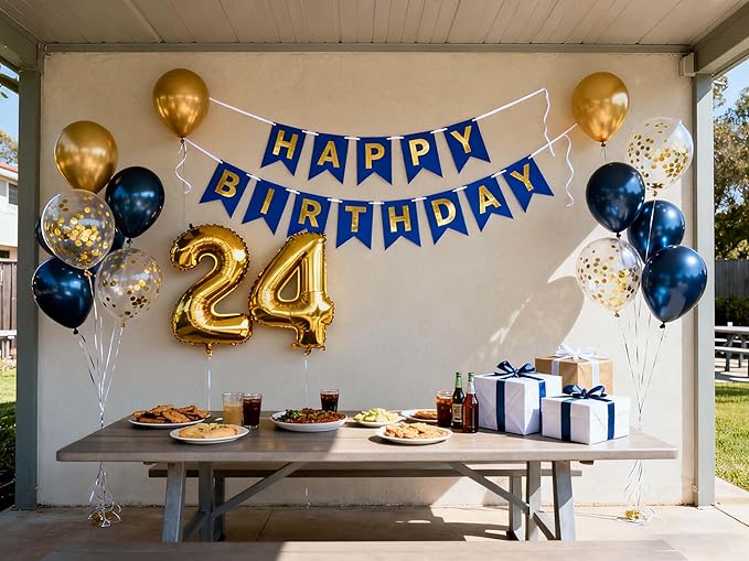 24th Birthday Decorations for Men, Blue Birthday Banner Gold Number 24 Foil Confetti Balloons Metallic Latex Confetti Balloons for Men Him Women Her 24 Years Old Birthday Supplies(24th)
