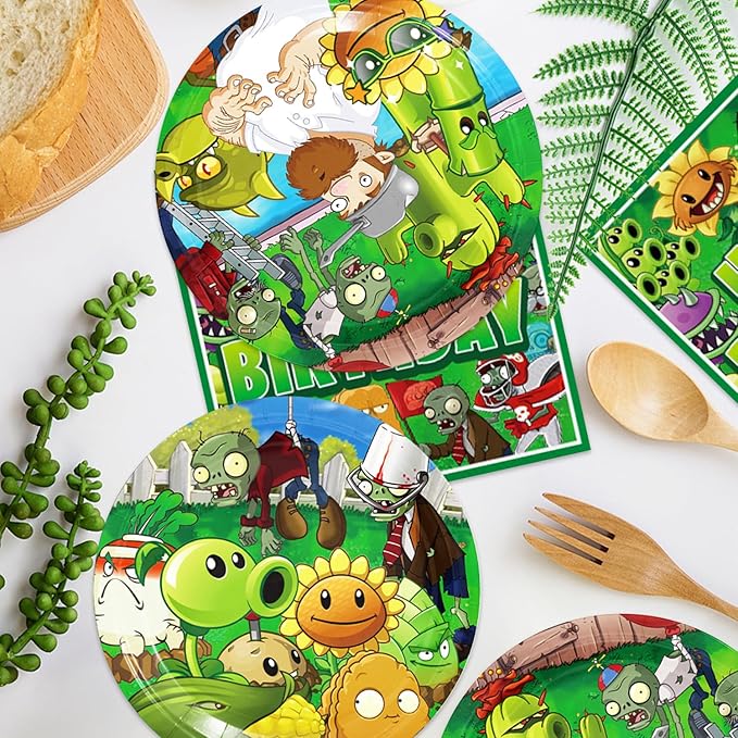 40Pack Plants Zombies Birthday Party Supplies include 20 plates, 20 napkins for Zombies Party Decoration Invitation Cards
