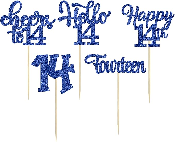 30Pcs 14th Birthday Cupcake Toppers Hello 14 Cupcake Picks Fourteen Cheers to 14 Years Old Cake Decorations for 14th Birthday Anniversary Party Supplies Deep Blue Glitter