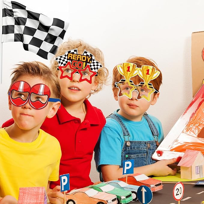 32 Pack Race Car Party Favors for Boys - Racing Paper Glasses Frames Checkered Flag Eyeglasses for Kids Birthday Party Supplies, Baby Shower Photo Booth Props, Racing Theme Goody Bag Fillers