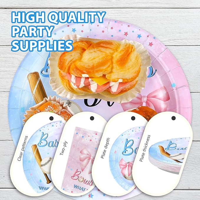 96 Pcs Baseball or Bows Gender Reveal Decorations Disposable Boy or Girl Gender Reveal Party Supplies Blue Pink Baseballs Themed Paper Plates and Napkins for Pregnancy Announcement Supplies，Serves 24